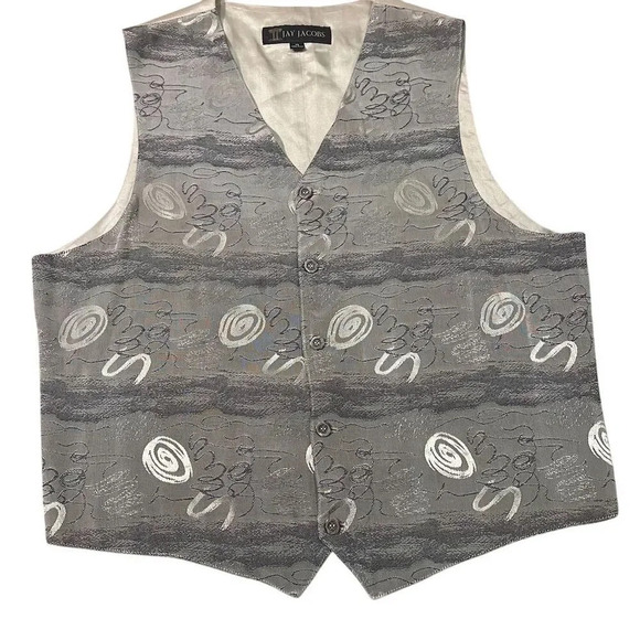 Unisex Silver Geometric Formal Vintage Silk Vest XL V-Neck Button Closure - Picture 4 of 9